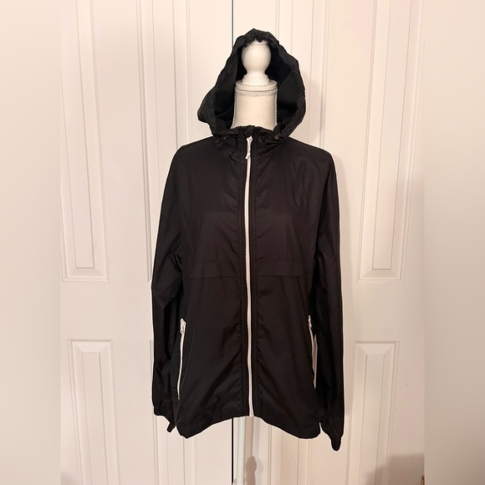 OLD NAVY Women Hooded Wind Breaker Jacket, White Zipper, Navy Bleu, Size Large